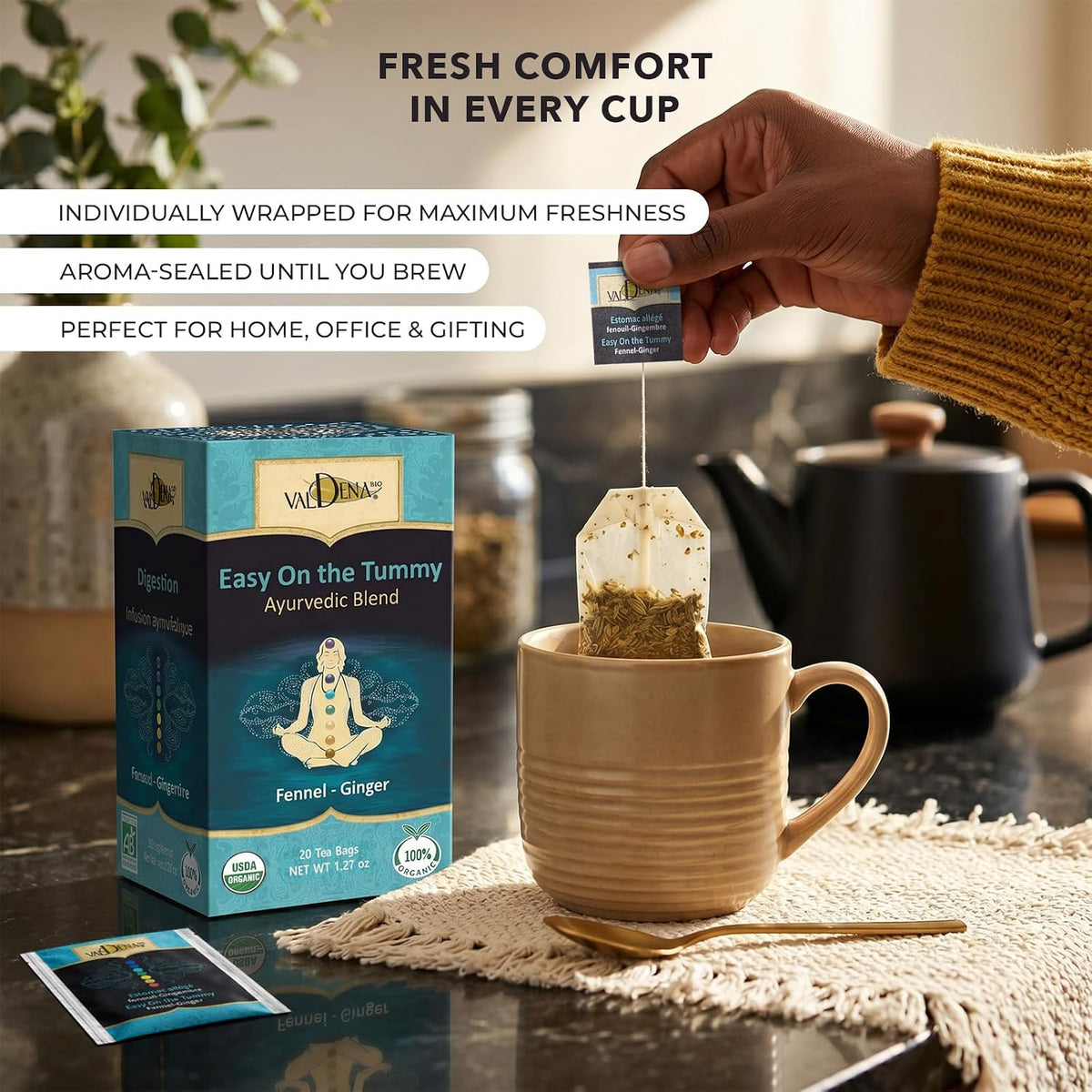 Valdena Bio Organic Digestive Herbal Tea Fennel Ginger Peppermint Licorice & Cardamom Caffeine Free Kosher USDA & EU Organic 20 Individually Wrapped Tea Bags