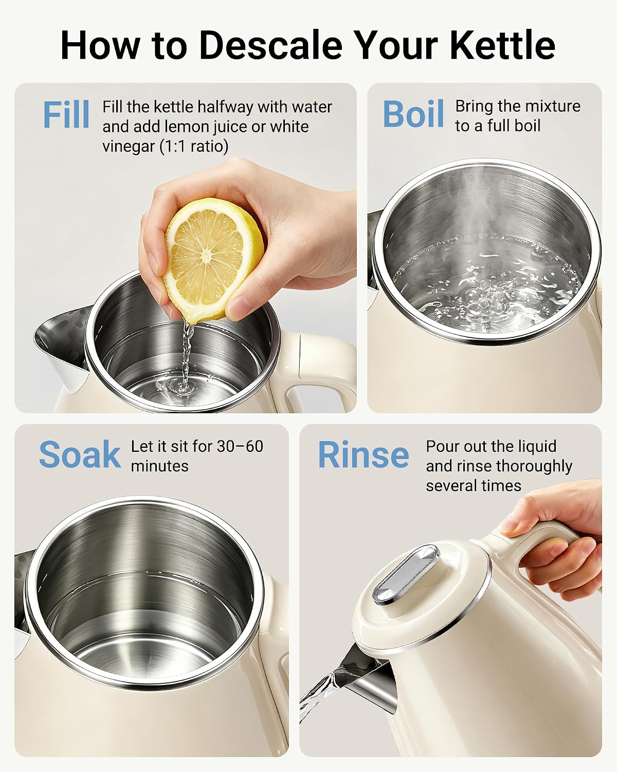 Bear Electric Kettle, 1.5L 304 Stainless Steel Water Boiler, 1500W Fast Boiling Tea Kettle with Double Wall Cool Touch, Auto Shut-Off & Boil-Dry Protection, BPA-Free, Cream