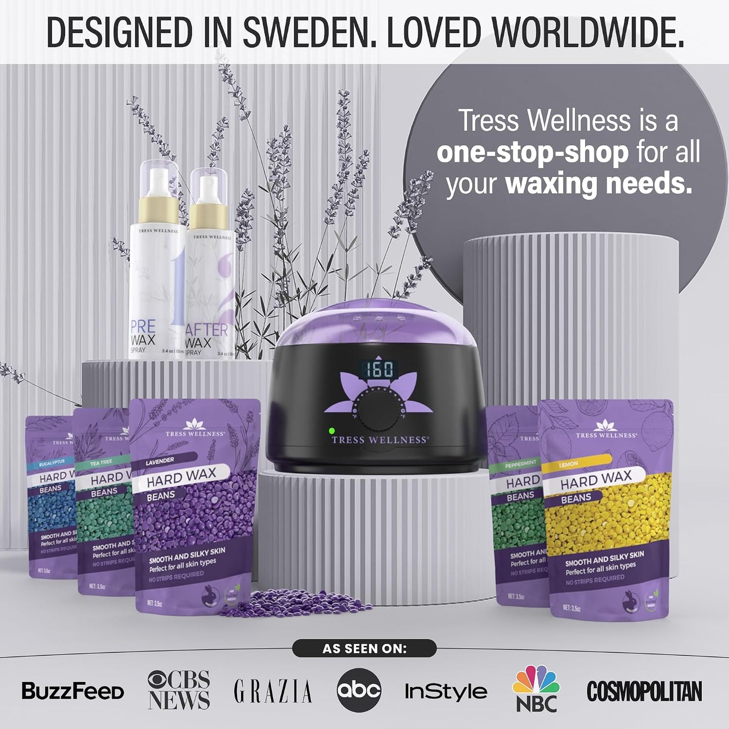 Tress Wellness Award Winning Waxing Kit for Sensitive Skin, Safe for Face & Skin, Easy to Use, At-Home Kit for Face, Bikini, Brazilian & Full Body - Digital Display, Black Purple Flower