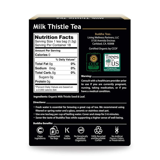 Buddha Teas - Organic Milk Thistle Tea - Herbal Tea - Single Ingredient - Mild, Earthy, Nutty Taste - Enjoy Hot or Cold - Caffeine Free - 100% Kosher & Non-GMO - 18 Tea Bags (Pack of 1)