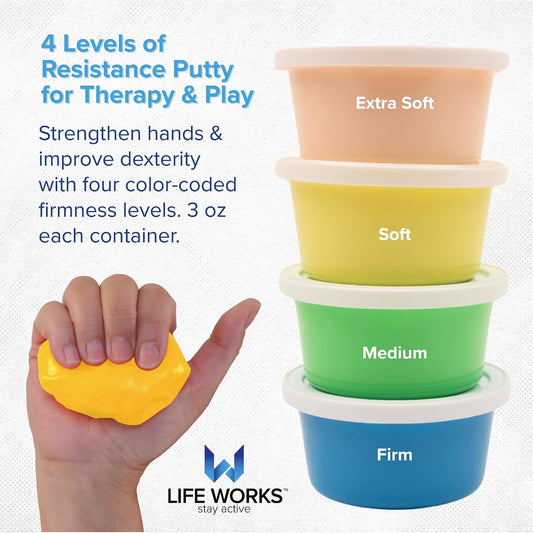 LIFE WORKS Therapy Putty Set for Adults and Teens, 4 Resistance Levels, Non-Toxic Silicone Hand Therapy Tool for Grip Strength, Fine Motor Skills, Rehab & Sensory Use, 4 Pack, Color-Coded, 3oz Each