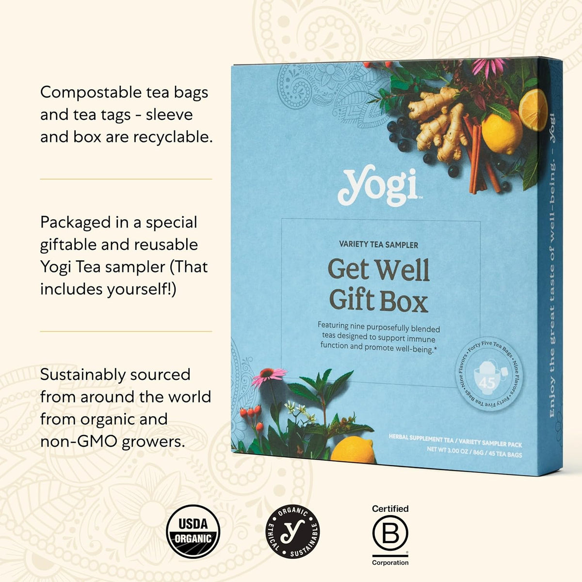 Yogi Get Well Gift Box, 45 Tea Bags (5 Bags per Flavor)