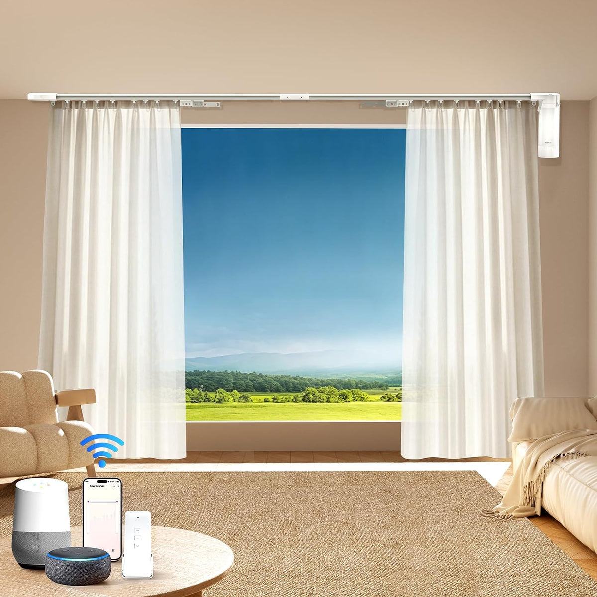 Curtain Rods for Windows up to 20"-165" Adjustable Length Electric Smart Curtain Track System with Remote, Motorized Automatic Curtain Opener, Alexa Google Home Tuya App Compatible