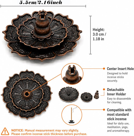 Incense Holder for Sticks, 3-in-1 Lotus and Gourd Incense Burner with Detachable Ash Catcher, Spiritual Japanese Decor for Yoga and Meditation