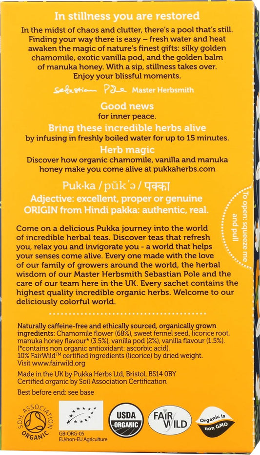 Pukka Calming Chamomile, Vanilla & Manuka Honey Organic Herbal Tea, Soothing Organic Tea Infusion Selection, Honey & Fennel Blend, Caffeine Free, 80 Total Bags (20ct - Pack of 4)