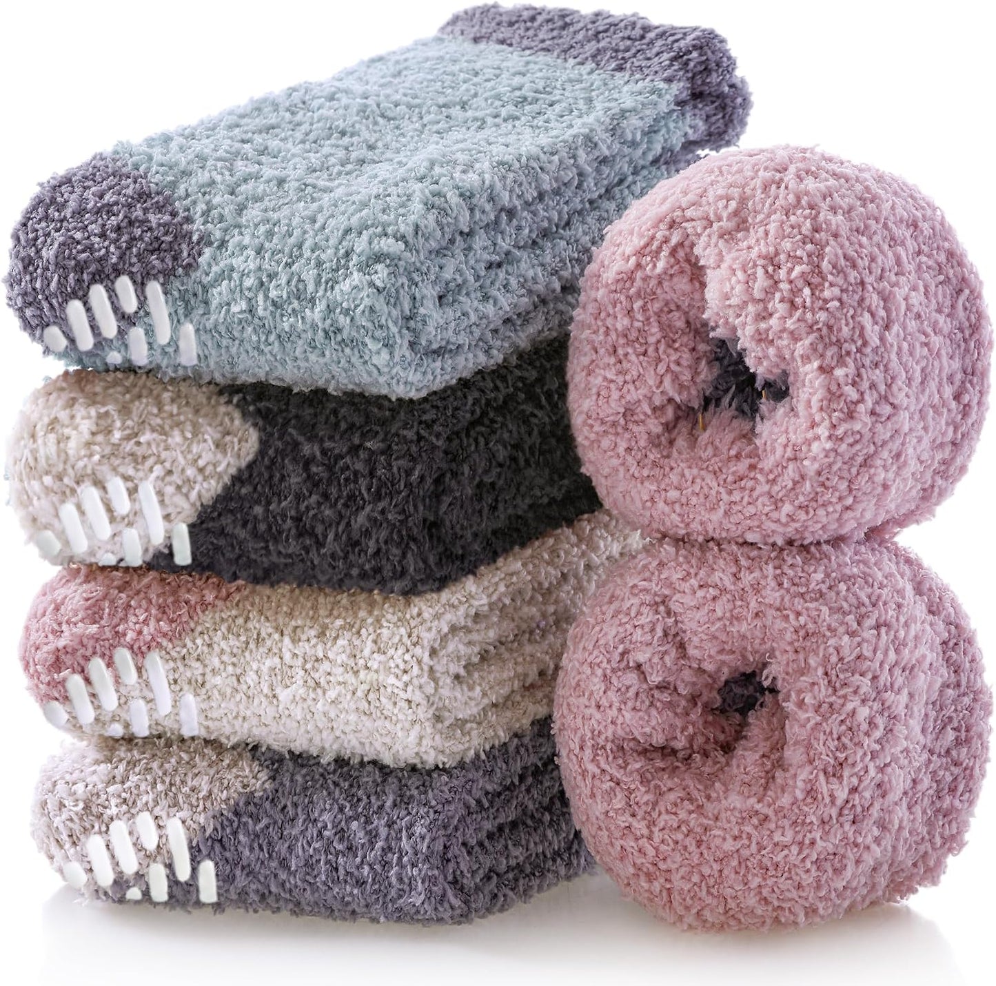 MQELONG Non Slip Hospital Socks with Grips for Women Winter Warm Cozy Fuzzy Slipper Soft Fluffy Sleep Socks