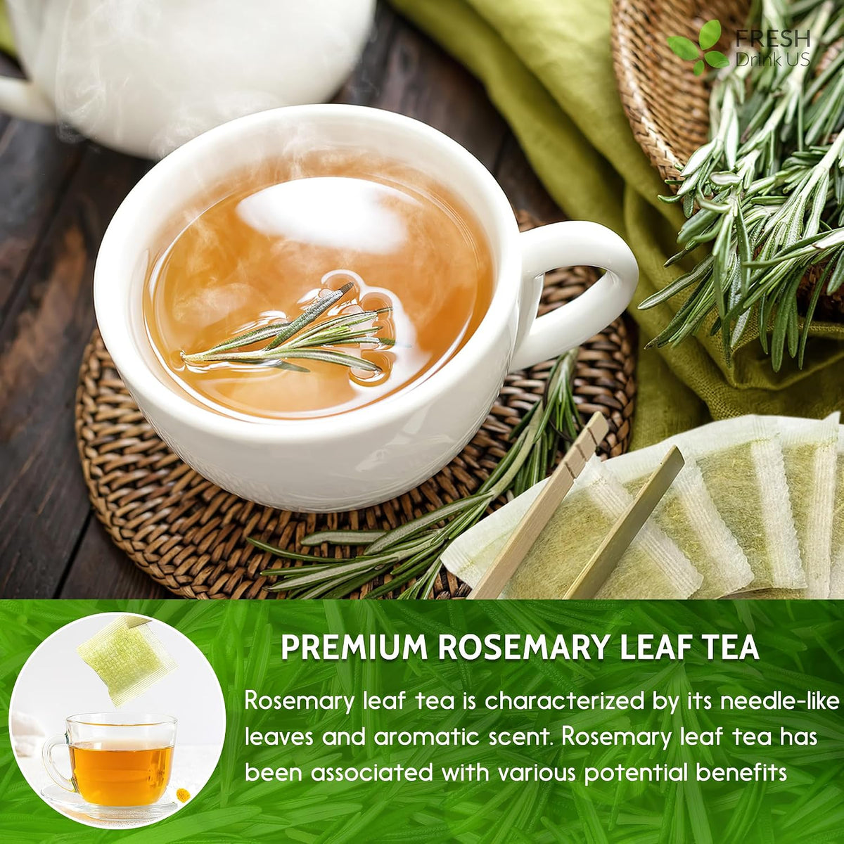FRESHDRINKUS, 31 Rosemary Leaf Tea Bags, 100% Natural and Pure Rosemary Dried Leaves, Pure Herbal Tea, No Additives, No Caffeine, No Gluten, Vegan.