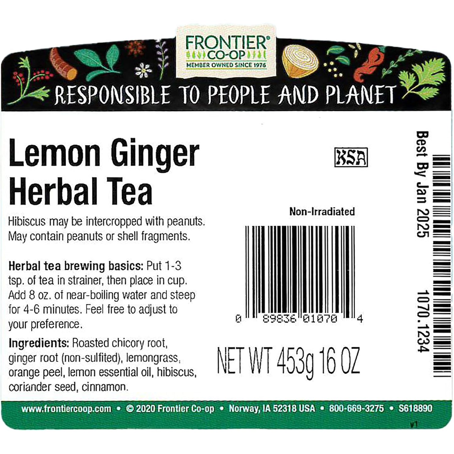 Frontier Co-op Lemon Ginger Herbal Tea, Kosher, Bulk Tea | 16 Ounce (Pack of 1)