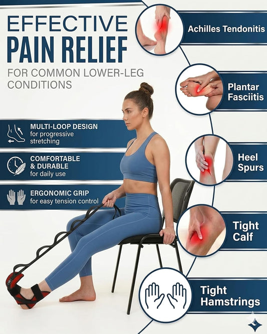 Foot & Calf Stretcher for Plantar Fasciitis Relief, Adjustable Stretching Strap & Foot Rocker Combo for Achilles Tendon, Heel Pain, Hamstring & Muscle Recovery – Physical Therapy Stretching Device for Home Use