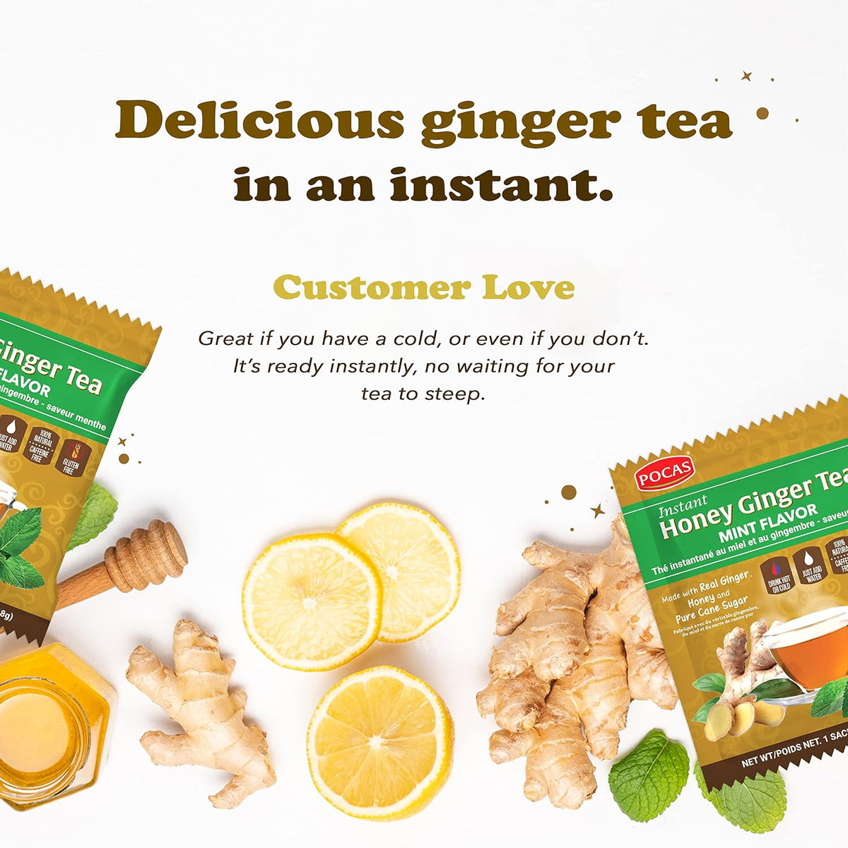 Pocas Honey Ginger Instant Tea Powder, Mint Flavor, Real Ginger Extract & Sweetener, Caffeine-Free Tea, 20 Packets