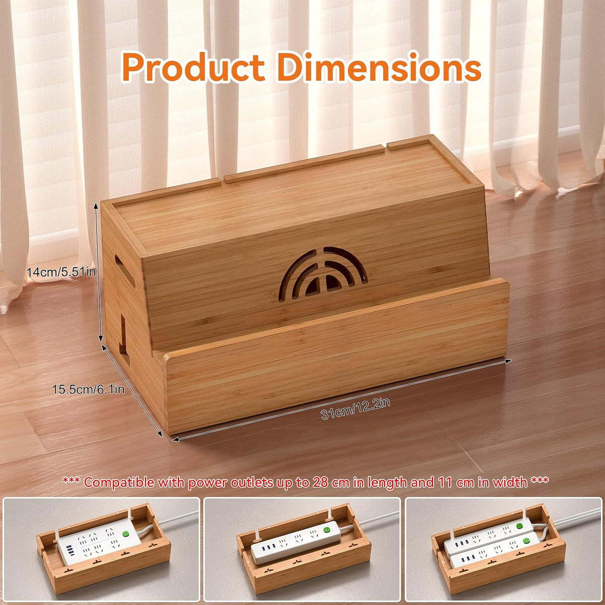 Bamboo Cable Management Box, White, 31X14X15.5CM