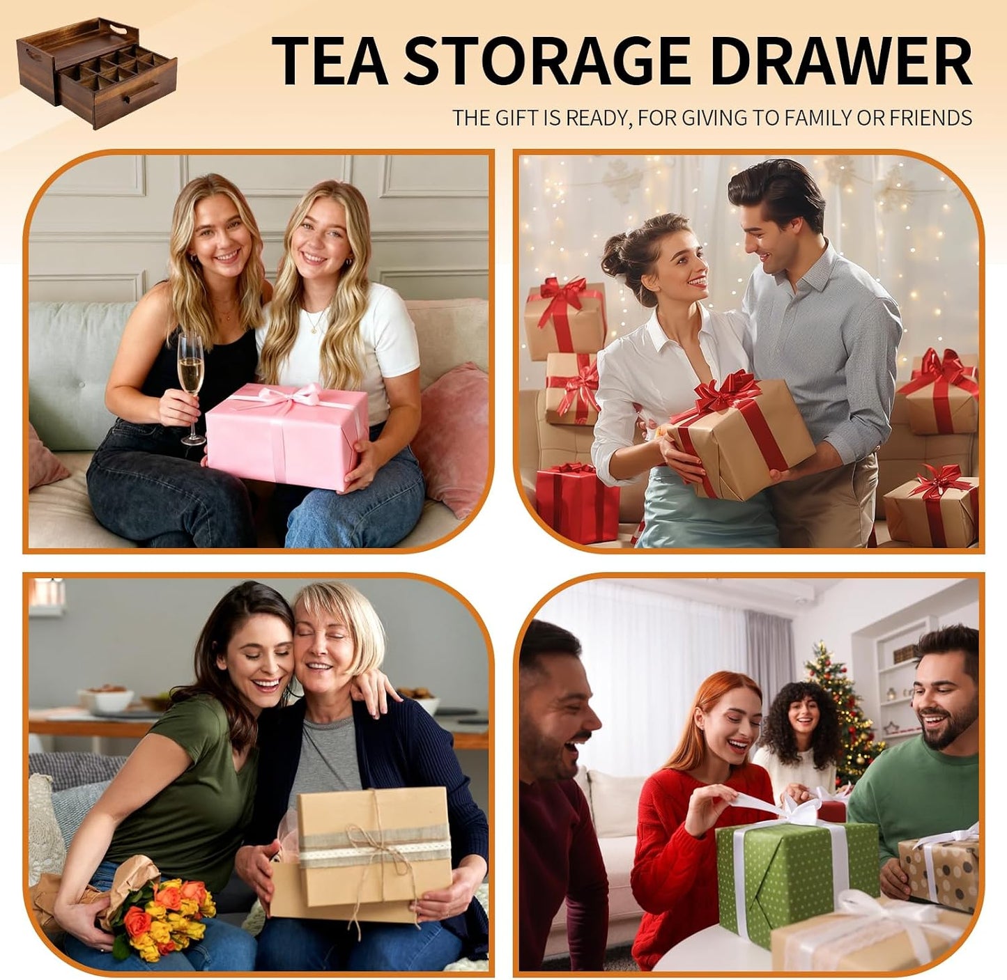 Acacia Wood Tea Bag Organizer Drawer with 12 Compartments, Premium Wooden Tea Box Storage Caddy & Multi Functional Countertop Tea Station