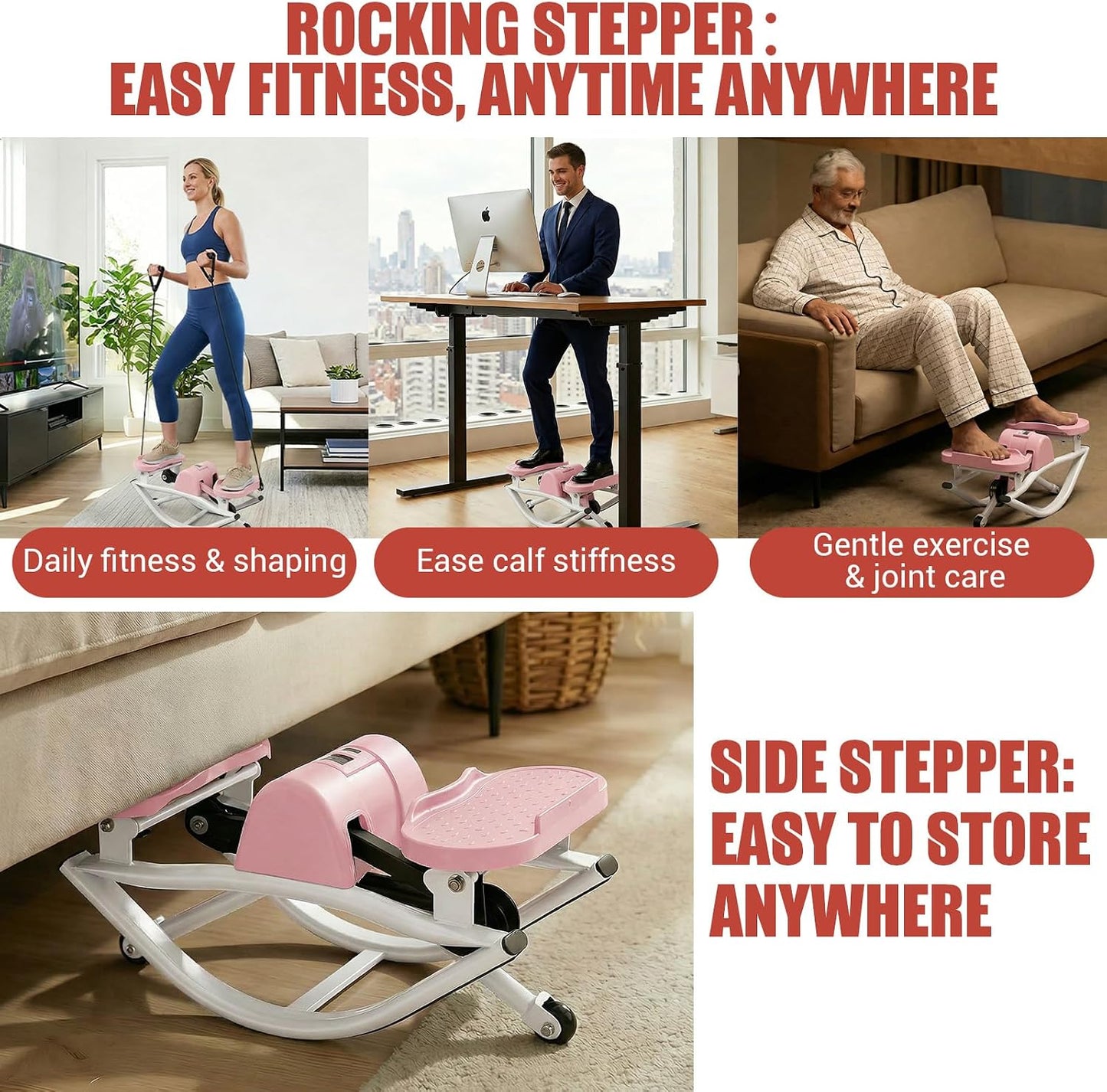 Rock Stepper for Exercise at Home, Rocking Stepper Side to Side with Resistance Bands & Digital Display, 300 LBS Capacity Full Body Workout Low-Impact Knee-Friendly Anti-Slip Side Stepper