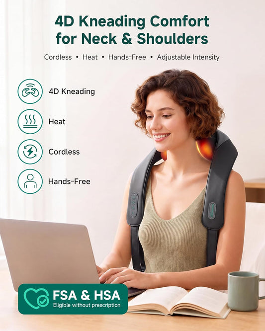 Snailax 4D Cordless Neck and Shoulder Massager with Heat & Kneading, FSA