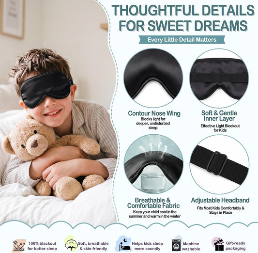Kids Sleep Mask, Soft Eye Mask for Boys Girls with Adjustable Strap, Silk Light Blocking Sleeping Mask for Naps, Travel and Night Sleep, Includes Laundry Bag (Black)
