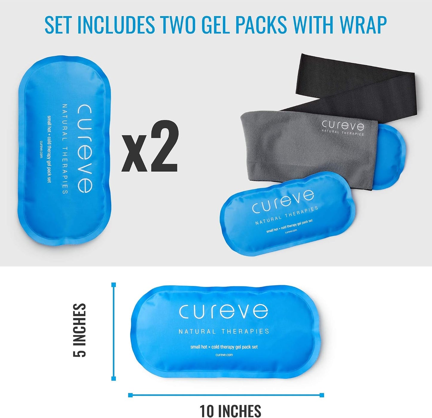 Hot and Cold Therapy Gel Ice Pack Compress Two Pack Set with Wrap by Cureve - Reusable with Wrap to Treat Injuries, Aches and Pains on Knee, Neck, Back, Shoulder, Foot, Headaches and TMJ