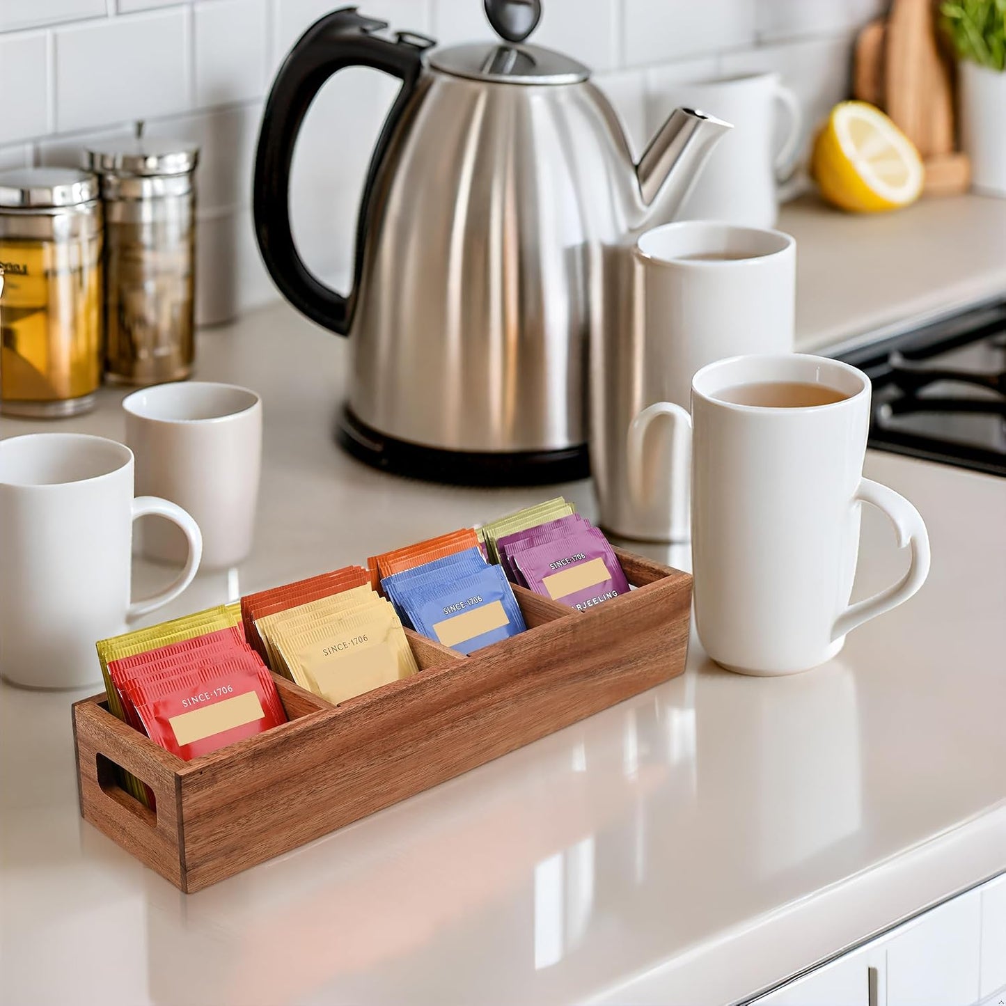 Acacia Wood Tea Bag Organizer with 4 Slots – Tea Bag Holder and Tea Organizer, Sugar Packet Storage for Countertops