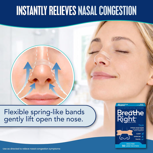 Breathe Right Nasal Strips, Relieves Nasal Congestion, Large, Tan, 30 ct