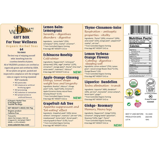 Valdena Bio Organic Herbal Teas for Your Wellness Tea Sampler Gift Caffeine Free 8 Flavors Assorted Tea Sets Variety Pack 64 Individually Wrapped Tea Bags Gift for Tea Lovers