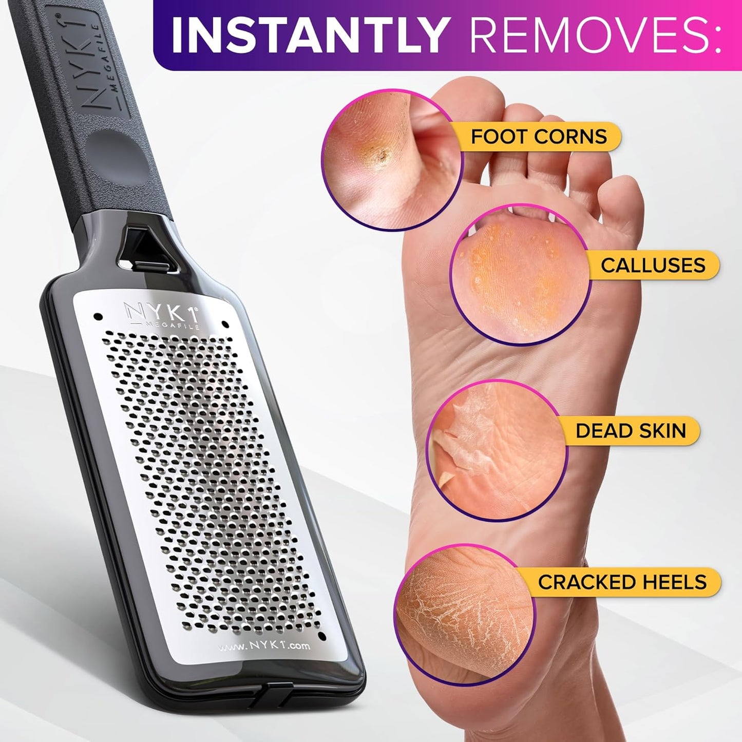RUSTPROOF Foot File Callus Remover for Feet with Skin Catcher (XL Size) NYK1 MEGAFILE Foot Callus Remover for Wet & Dry Use - High-Performance Feet Scrubber with Textured Grip for Non-Slip Control