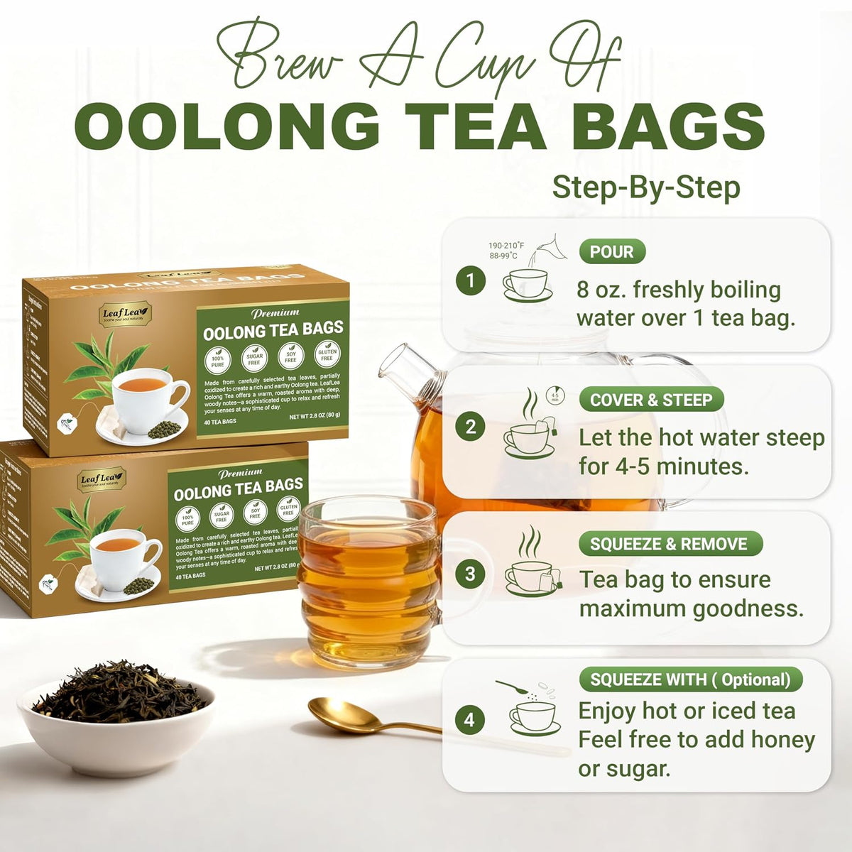 LeafLea Oolong Tea Bags, 100% Pure Leaves, Smooth Toasted Notes, Sugar-Free