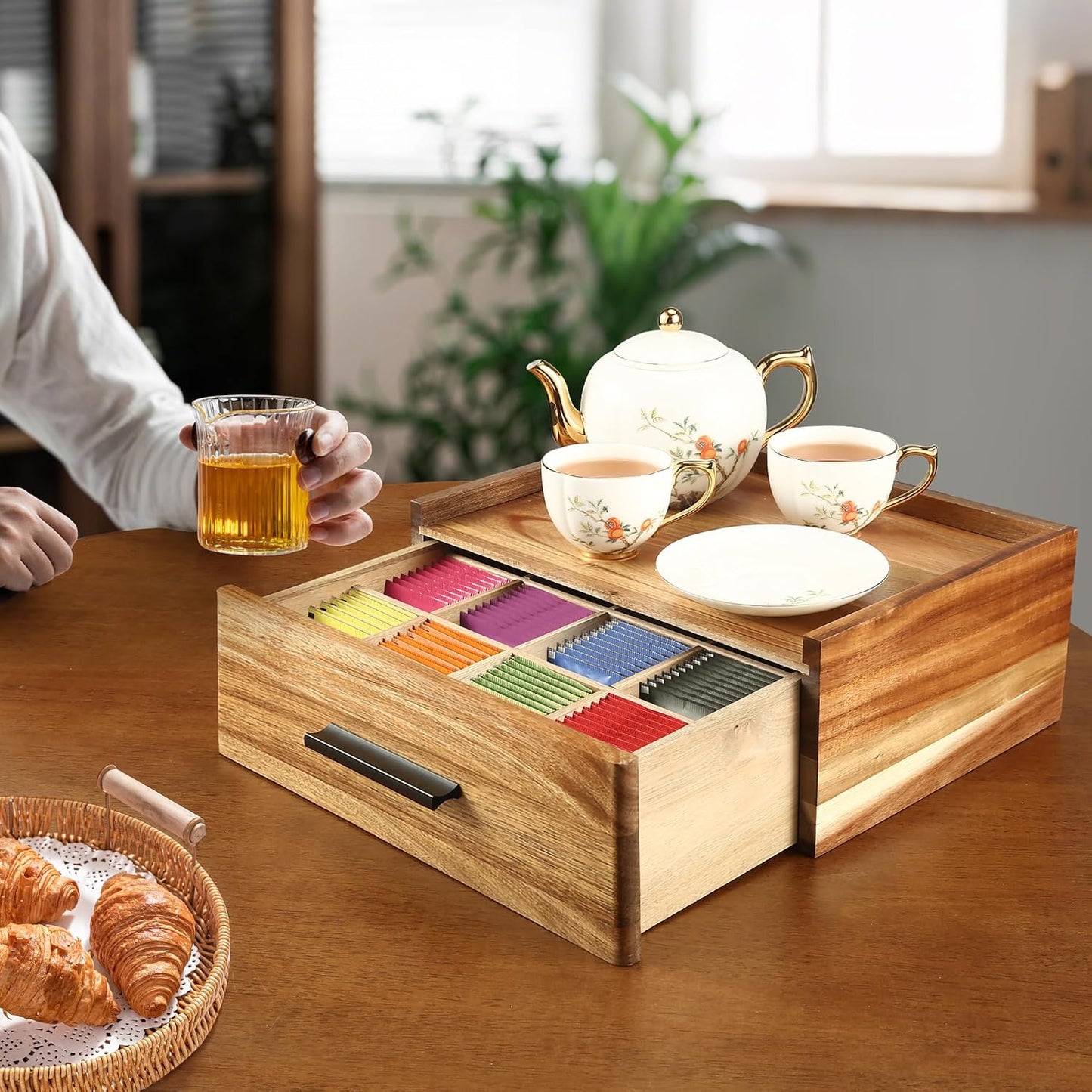 Acacia Wood Tea Bag Organizer with Drawer - 12-Compartment Tea Storage Box