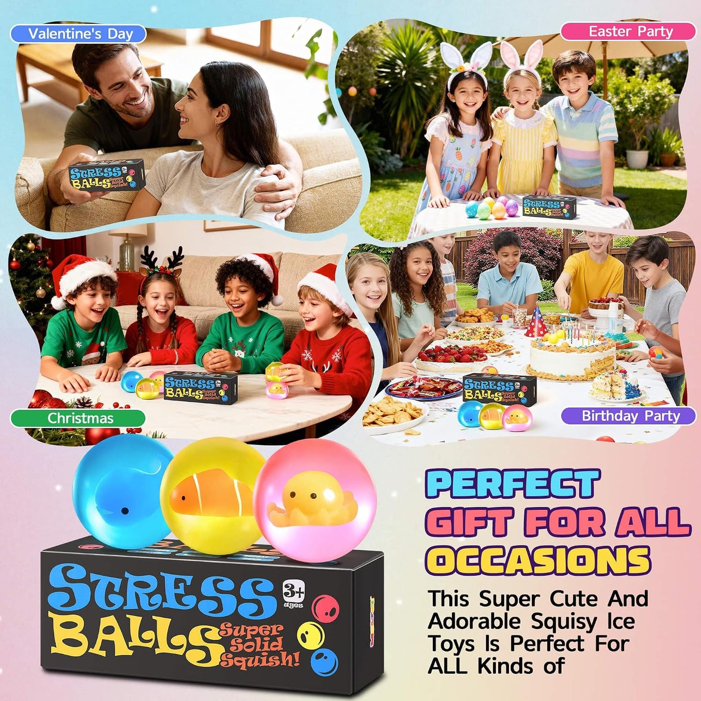 Stress Balls for Kids Adults - Squishy Fidget Toys Sensory Toys for Kids with Autism Glow in The Dark Squeeze Balls for Hand Therapy Squish Ball for Anxiety Stress Relief Sugar Ball Birthday Gifts
