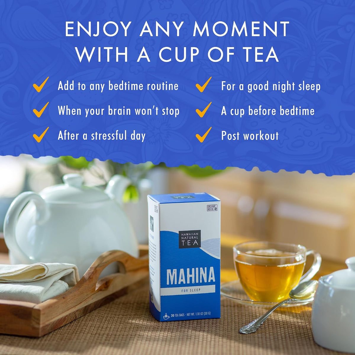 Hawaiian Natural Tea Mahina Chamomile Mamaki Tea Bags, Caffeine-Free, 20 Ct