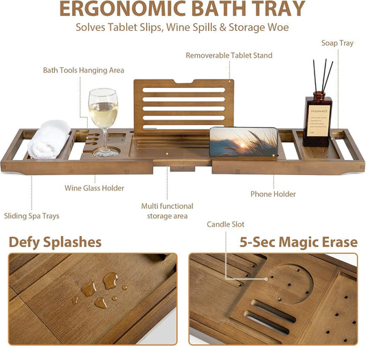 Bamboo Bathtub Tray Caddy, Adjustable Walnut Finish 28.5‑40"