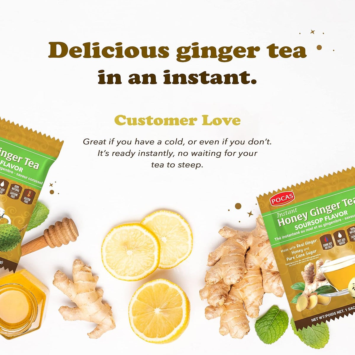 Pocas Honey Ginger Instant Tea Powder, Soursop Flavor, Ginger Extract & Real Sweetener, Caffeine-Free Tea, 20 Packets per Box