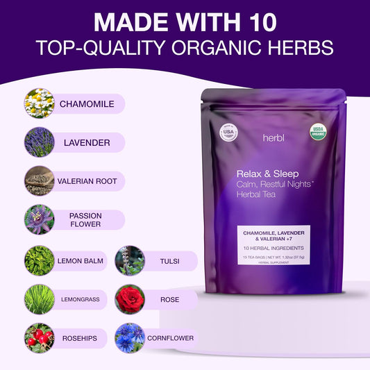 Organic Chamomile Lavender Tea - Relax & Sleep Tea - Chamomile Lavender Tea with Valerian, Passionflower, Lemon Balm and Extra Herbal Ingredients - The Ultimate USDA Organic Sleep Tea