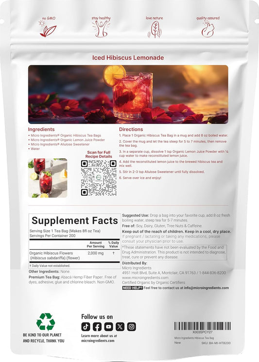 Organic Hibiscus Tea Bags, 200 Count | Premium Source from Hibiscus Flowers | Caffeine Free Herbal Tea | Eco-Friendly Hemp Paper Tea Bags | Non-GMO, No Sugar