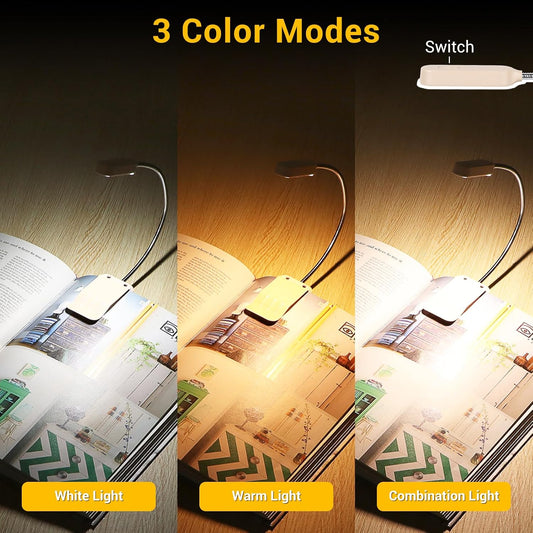 2 Pack Rechargeable Book Lights for Reading at Night, Eye-Caring Clip-On Reading Lights with 3 Color Temperatures & 3 Brightness Levels, Long Runtime Small Lightweight Clip on Lamp, Gifts for Reader