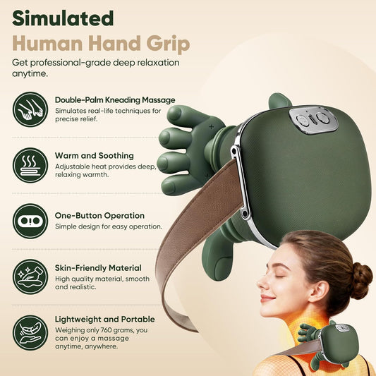 Shoulder and Neck Massager, Bionic Heated Massager, Neck Massager with Fingers, 4D Kneading Massage, Simulates a Real Palm Massage for Comfort, Relax Muscle Tension (Green)