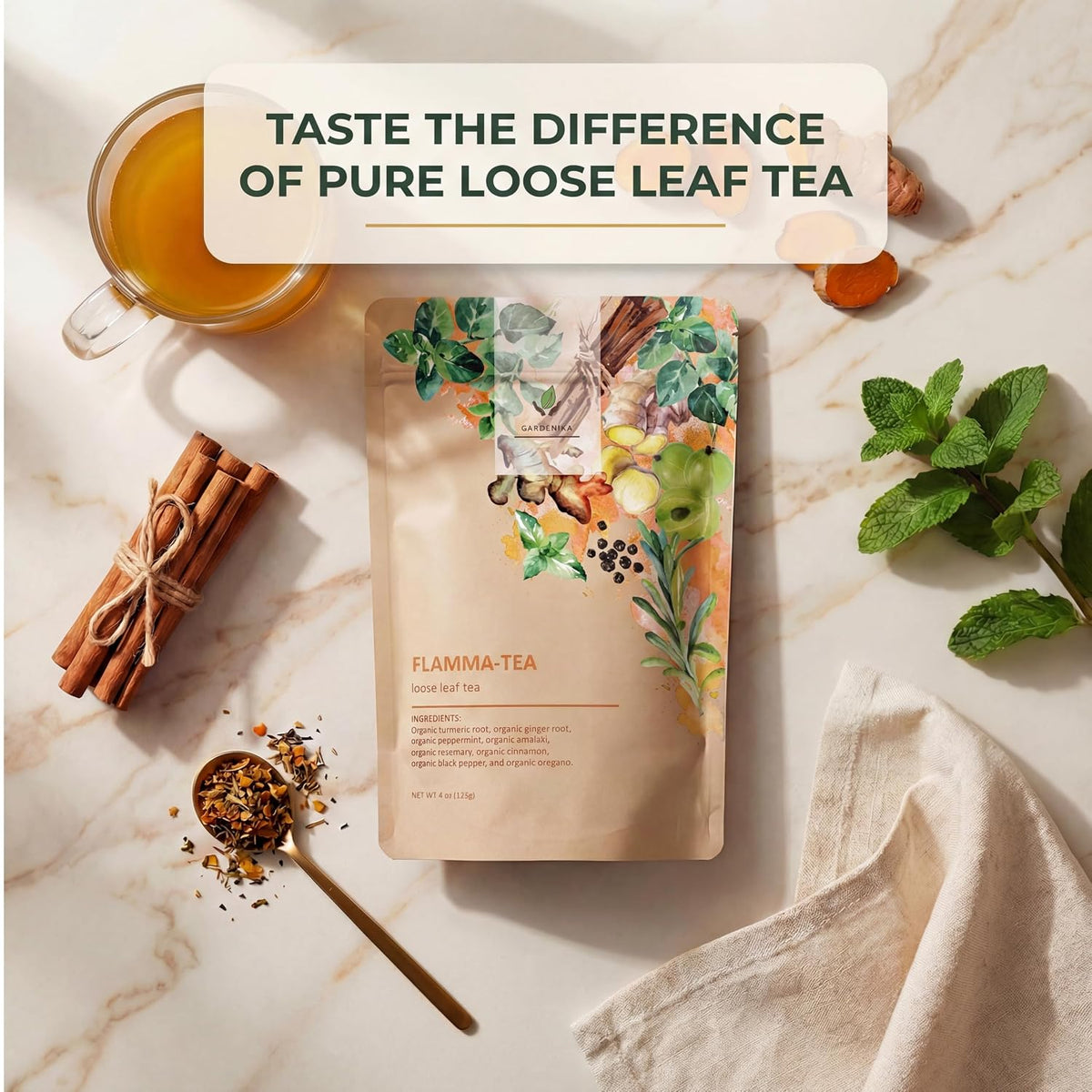 Gardenika Organic Flamma-tea Loose Leaf Tea | Premium Turmeric Ginger Blend with Cinnamon, Peppermint & Black Pepper | 100% Natural, Caffeine Free Herbal Wellness Tea | 4oz (113g)