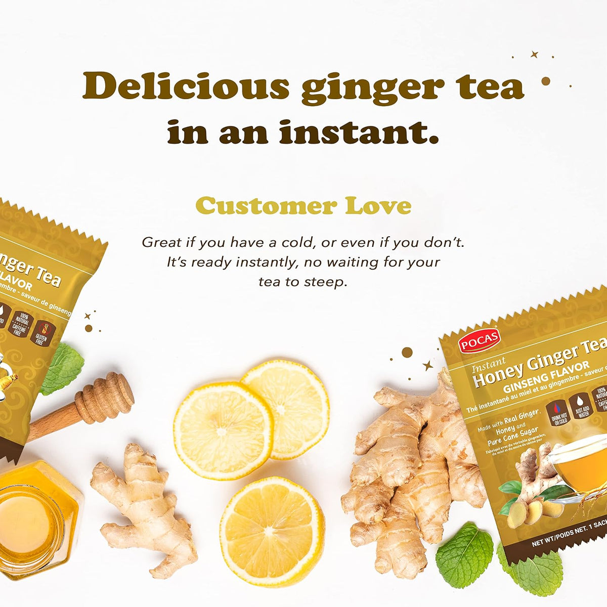 Pocas Honey Ginger Instant Tea Powder 2-Pack with Ginseng Flavor, Real Ginger Extract & Sweetener, Caffeine-Free Tea, 20 Packets