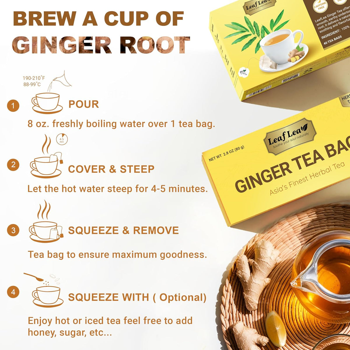 LeafLea Ginger Tea Bags, Strong Ginger Herbal Tea, 160 Count Bulk