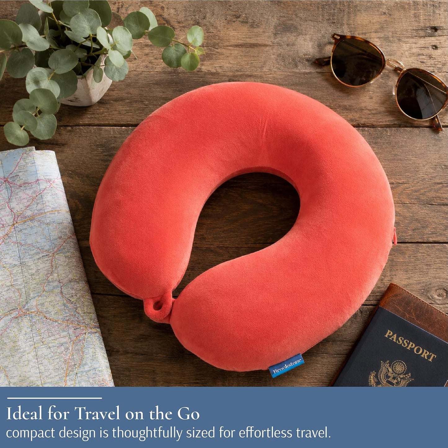 Brookstone Travel Neck Pillow - Lightweight U-Shaped Memory Foam Travel Pillow for Airplane, Car Travels & Sleeping, Blue