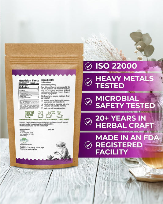 100 Bags Thyme Tea Thyme Leaves Tyme Herb Tea (Thymus Serpyllum) - 100 Count 1.5 g Bags Tomillo