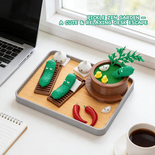 Stylor Pickle Zen Garden Office Desk Decor - Mini Decorative Therapy Sand Tray with Pickle Figurines and Wooden Barrel, Humorous Funny Stress Relief Gift Kit