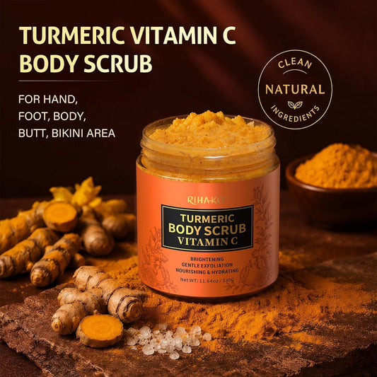 RIHAKO Turmeric Body Scrub, Exfoliating Body Scrub with Vitamin C, Deep Cleansing Skin Exfoliator Scrub, Organic Moisturizing Skincare for Bikini Area, Body, Hands, and Foot 11.64 oz