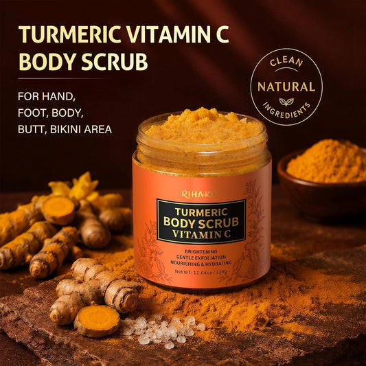 RIHAKO Turmeric Body Scrub, Exfoliating Body Scrub with Vitamin C, Deep Cleansing Skin Exfoliator Scrub, Organic Moisturizing Skincare for Bikini Area, Body, Hands, and Foot 11.64 oz
