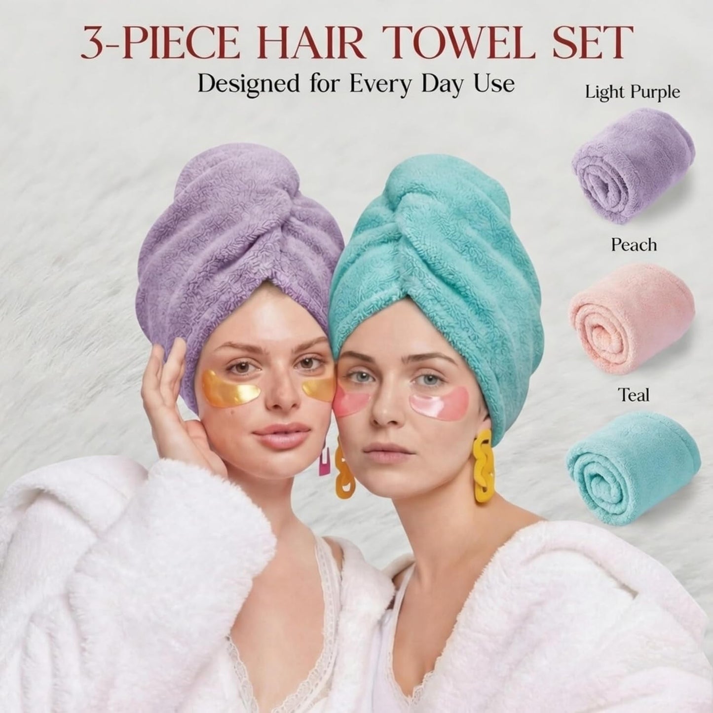 3 Pack Microfiber Hair Towel Wrap for Women 26 x 10 in | Hair Drying Towel with Button |Hair Turban Towel Quick Dry Coral Fleece Head Towels (Pink + Blue + Grey)