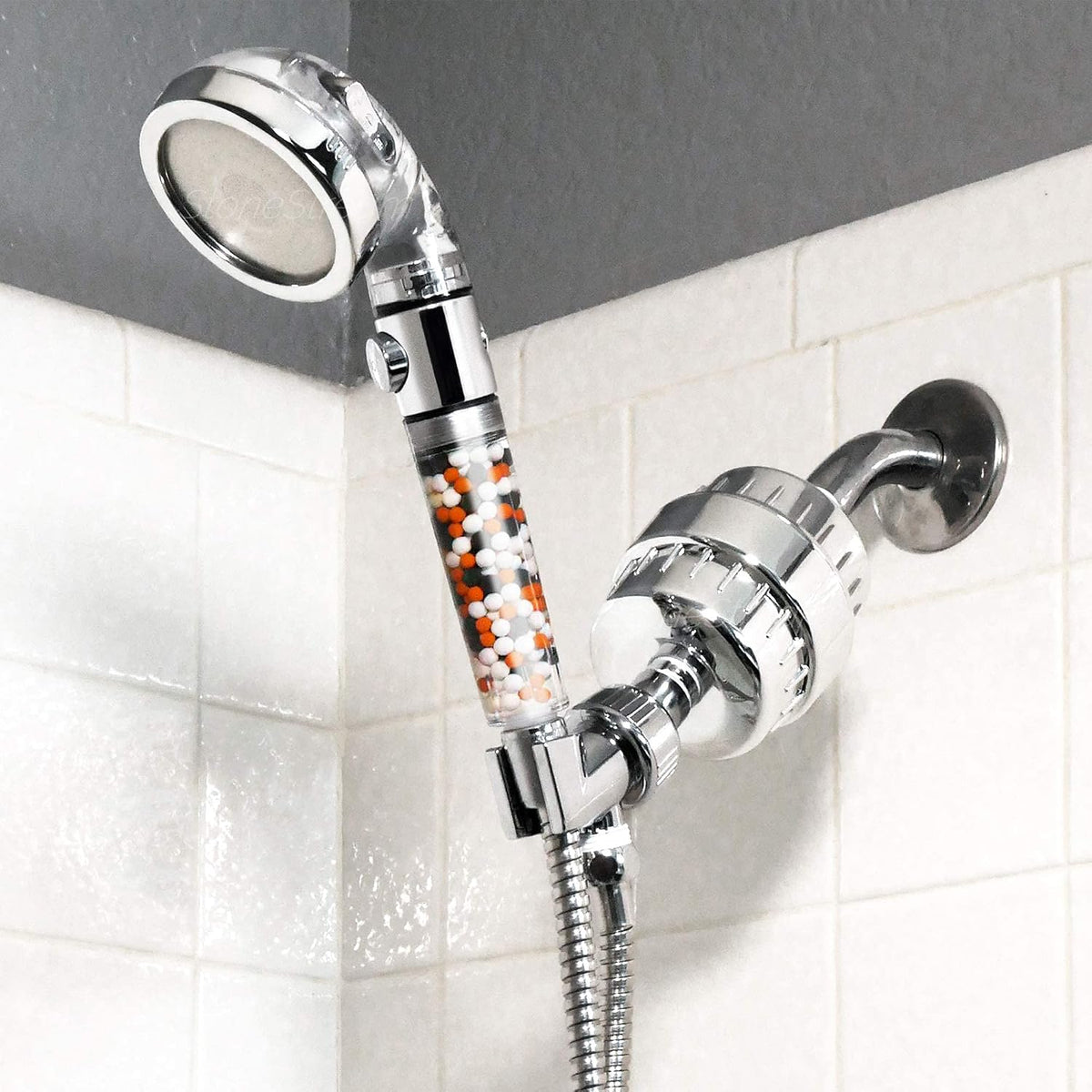 Original StoneStream Filtered Shower Head, Eco Power High Pressure Water Softener Showerhead with ON/OFF switch and Spa like Ionic beads for Dry Skin & Hair — 3 Spray Settings