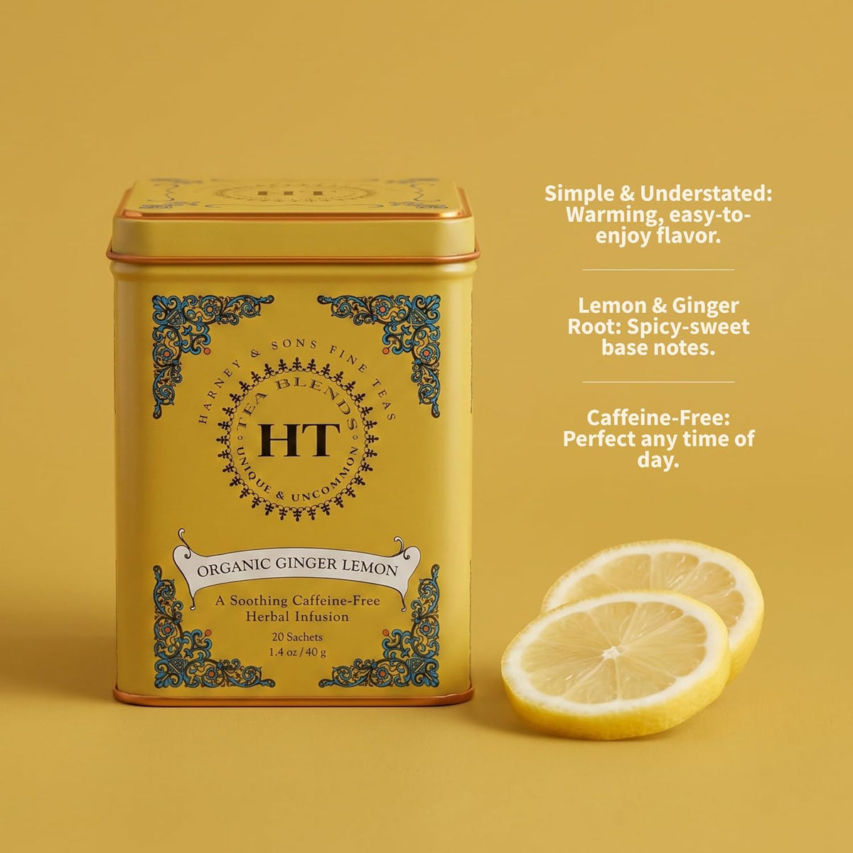 Harney & Sons HT Organic Ginger Lemon Herbal Tea, 20 Sachets in Tin