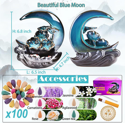 New Moon Backflow Incense Holder, Ceramic Hand-Made Incense Fountain Burner with 100 Backflow Incense Cones,Fragrance Incense Stick,Mat,Aromatherapy Home Decoration
