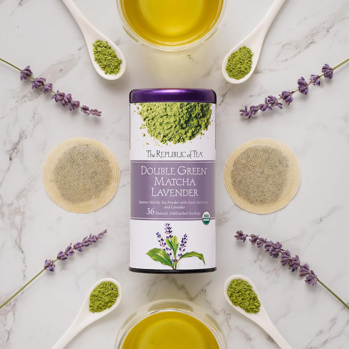 The Republic of Tea Organic Double Green Matcha Lavender, Individual Tea Bags with Japanese Matcha Tea Powder and Green Tea Leaves Blend, Natural Unbleached Bags in Reusable Canister, 36 Tea Bags
