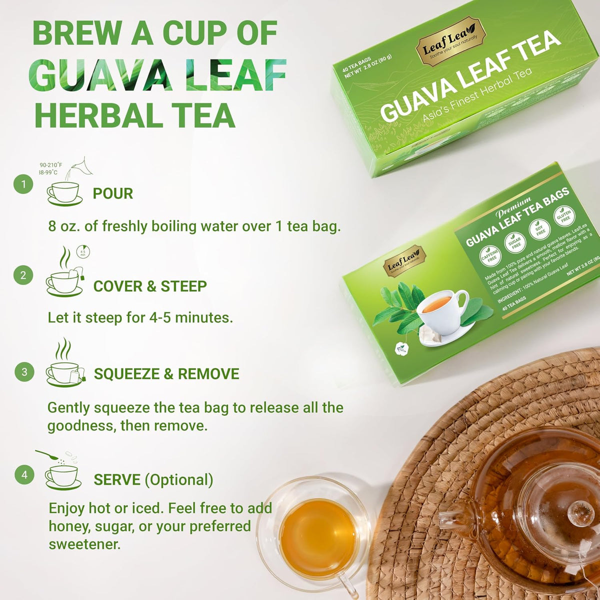 LeafLea Guava Leaf Tea Bags, Guava Leaves Tea, Caffeine-Free, 120 Count
