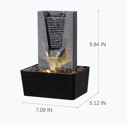 Tabletop Water Fountain Indoor - Small Desktop Waterfall with Warm LED Light & Natural River Stones | Quiet Water Feature for Office Desk Decor, Zen Meditation, Stress Relief, Relaxation Gift