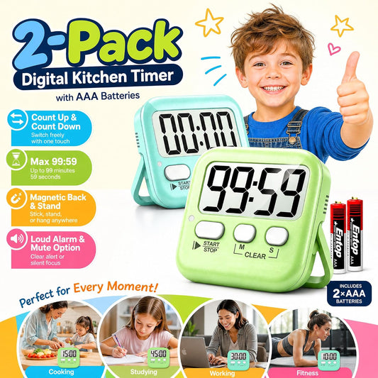 Antonki 2 Pack Digital Timer for Kids Classroom Kitchen Timers for Cooking